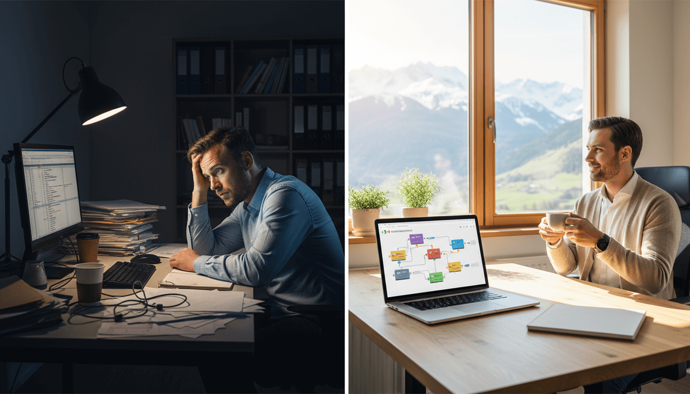 RIEMVISION 24/7 Büro – Visualisierung einer automatisierten digitalen Belegschaft, die Geschäftsprozesse wie Buchhaltung und Lead-Management autonom durch KI-Agenten steuert.