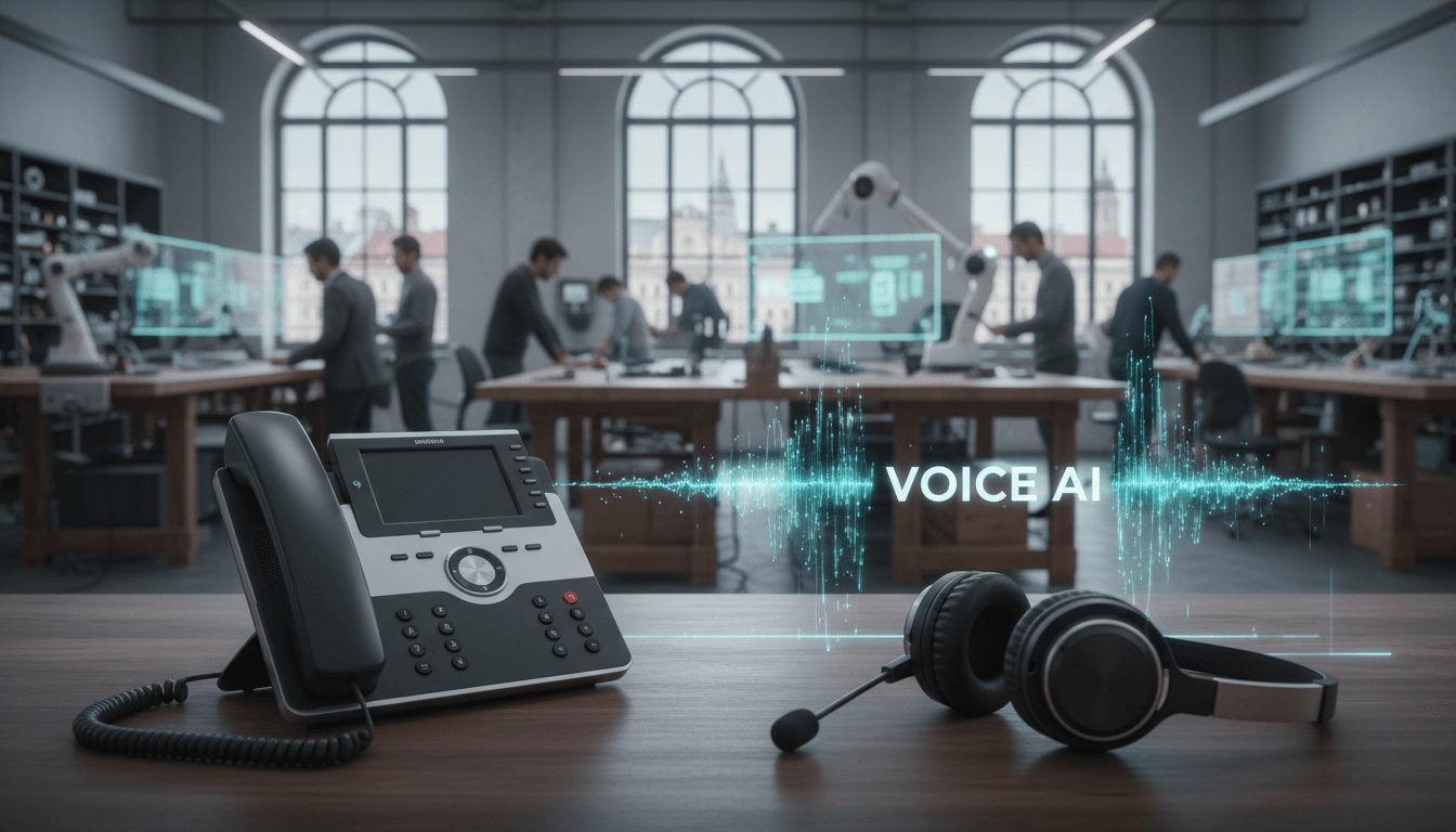 RIEMVISION KI-Telefon-Assistenz – Illustration eines hochprofessionellen Voice-AI-Systems, das Anrufe für KMU in Echtzeit entgegennimmt, Termine koordiniert und Anliegen autonom bearbeitet.