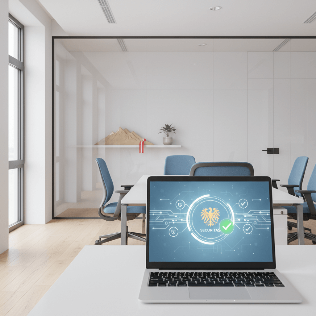 Laptop-Bildschirm zeigt RIEMVISION Schutzbrief für EAA-Konformität.