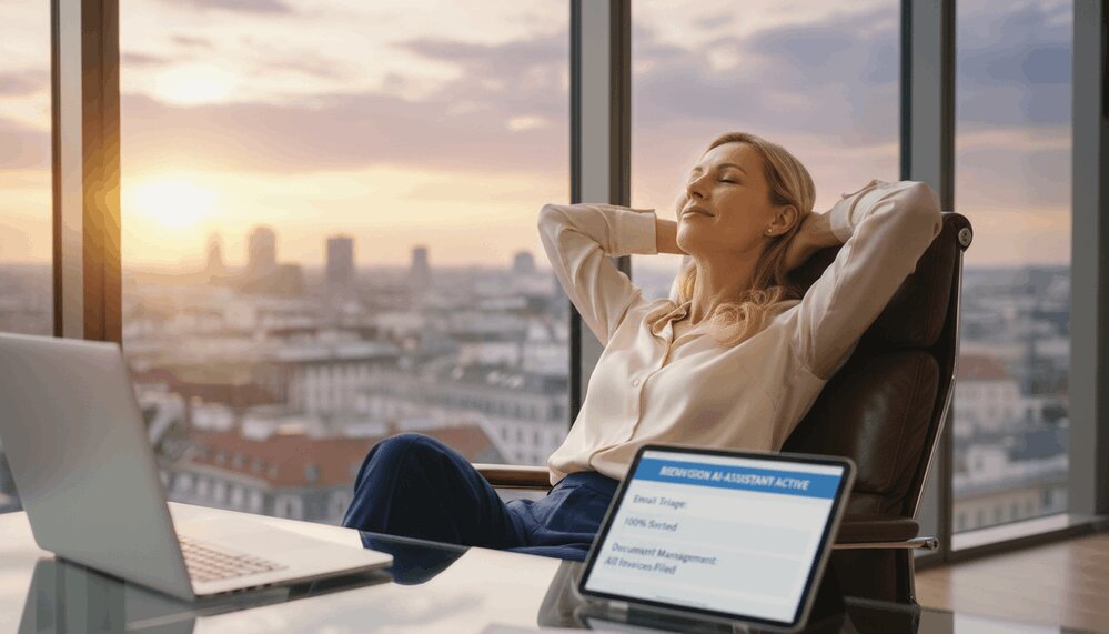 Unternehmerin interagiert mit RIEMVISION KI-Büroassistenten