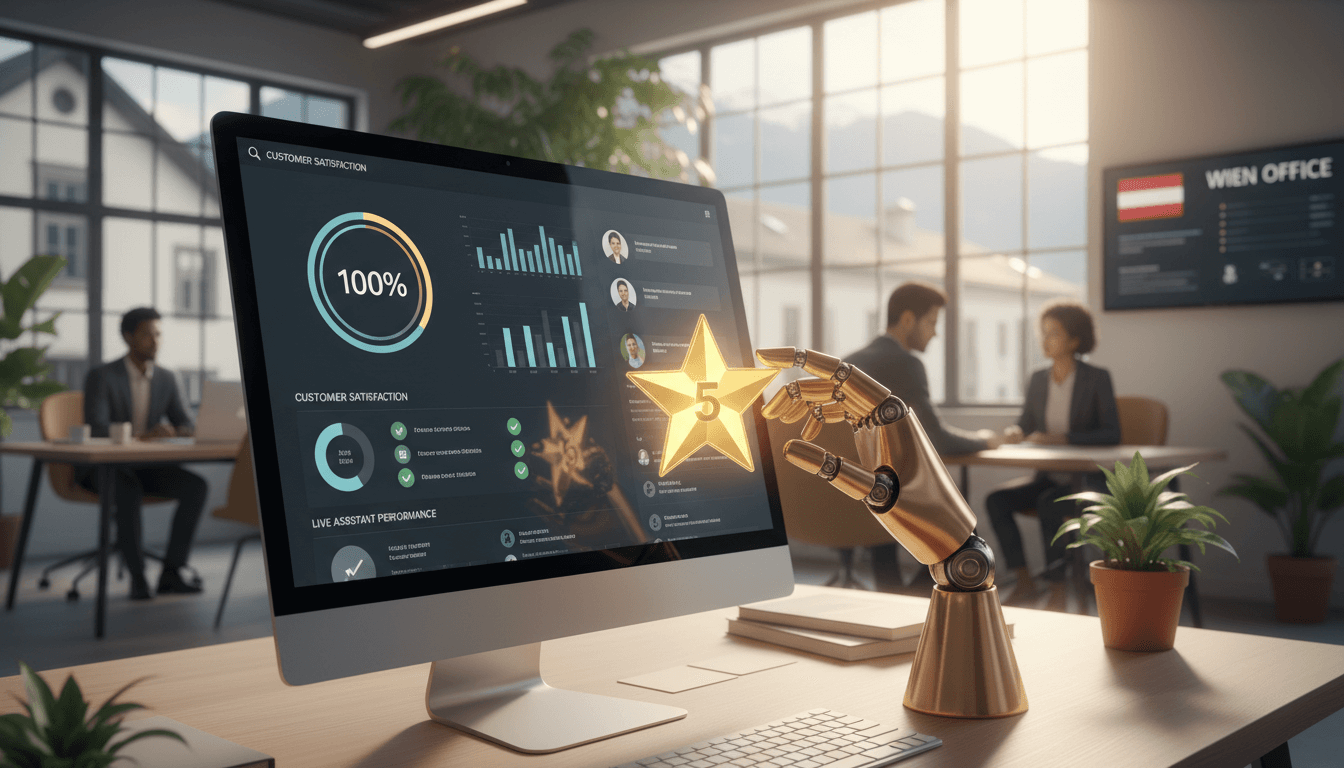 RIEMVISION Automatischer Kunden-Support – Darstellung eines intelligenten KI-Support-Agenten, der E-Mail-Anfragen und Website-Chats in Echtzeit bearbeitet und nahtlos in CRM-Systeme integriert ist.