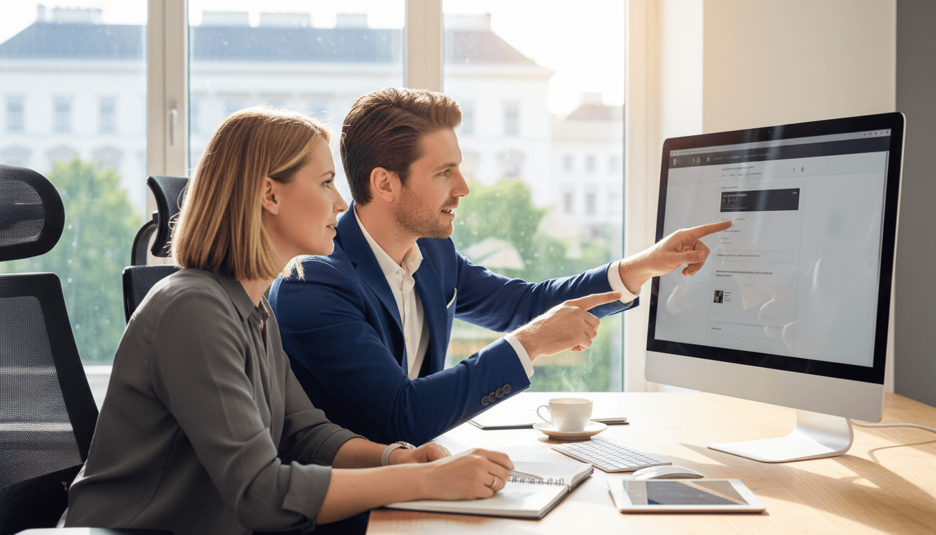 Zwei Personen besprechen Webdesign-Entwurf am Monitor im hellen Büro.